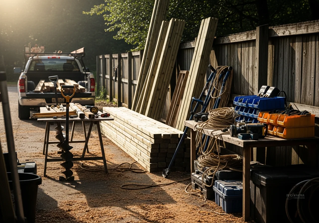 Landscaping crew with tools and equipment ready for residential fence installation and yard maintenance work.
