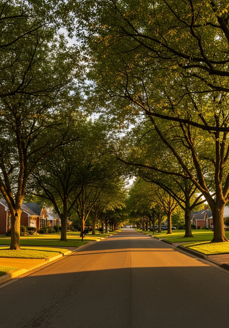 Cary neighborhood street with tree-lined sidewalk and residential homes.
