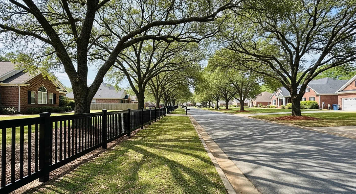 Residential street in Fuquay-Varina with newer homes and mature trees lining the road.