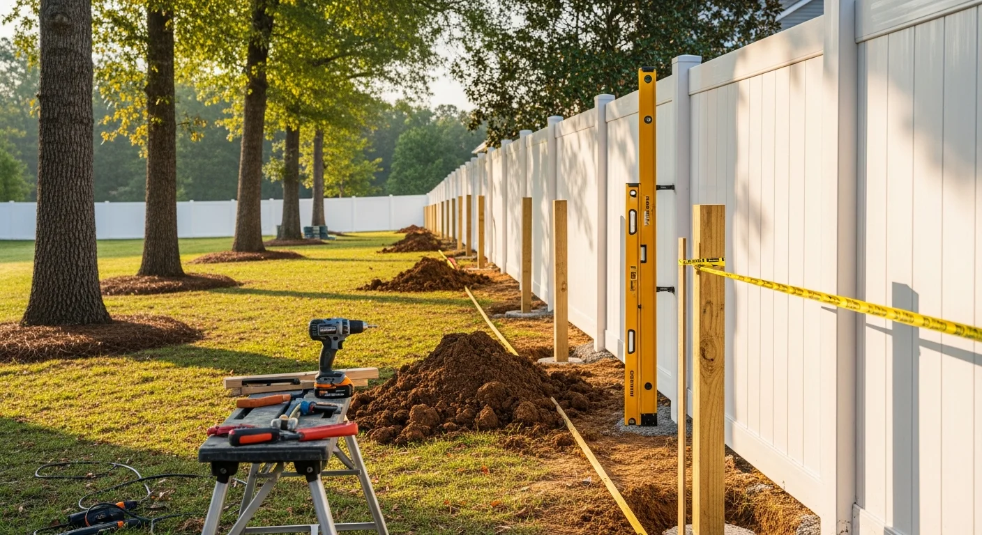 A newly installed wood privacy fence along the rear yard of a single-family home in Fuquay-Varina, NC. The fence runs parallel to the property line with uniform post spacing and a clean base clearance above the ground.