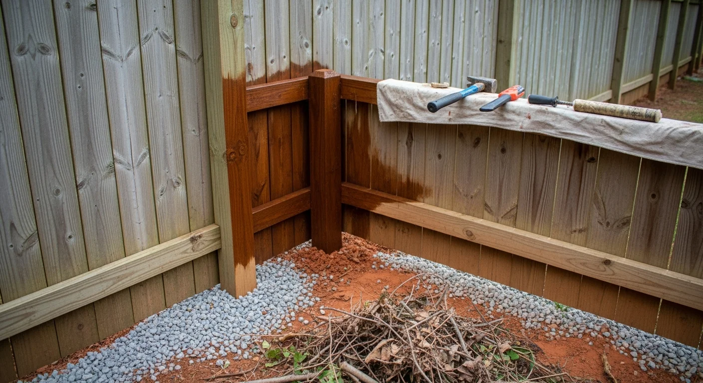 A wood privacy fence along a residential backyard in Fuquay-Varina, NC, showing freshly cleaned and sealed boards with cleared vegetation at the base. A fence contractor inspects a post at ground level for signs of rot or shifting.