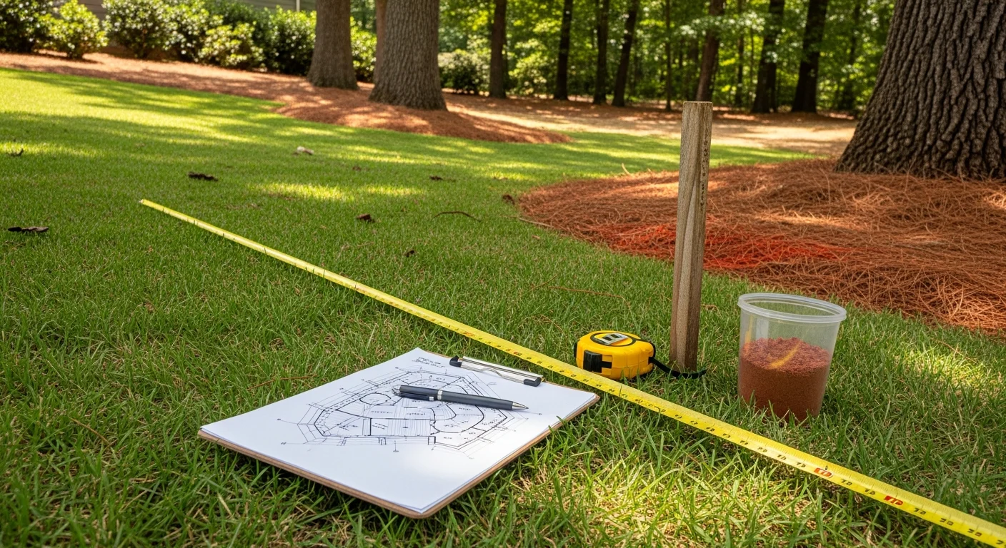 A Fuquay-Varina residential backyard showing a freshly designed planting bed layout with defined borders and graded lawn areas. A landscape professional reviews a site plan on-property during a design consultation visit.