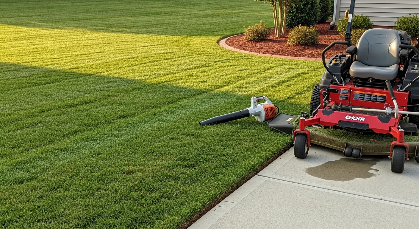 A freshly mowed residential lawn in Fuquay-Varina, NC with clean edge cuts along a concrete driveway and defined landscape bed borders. The turf shows uniform mowing lines across a full front yard on a clear day.