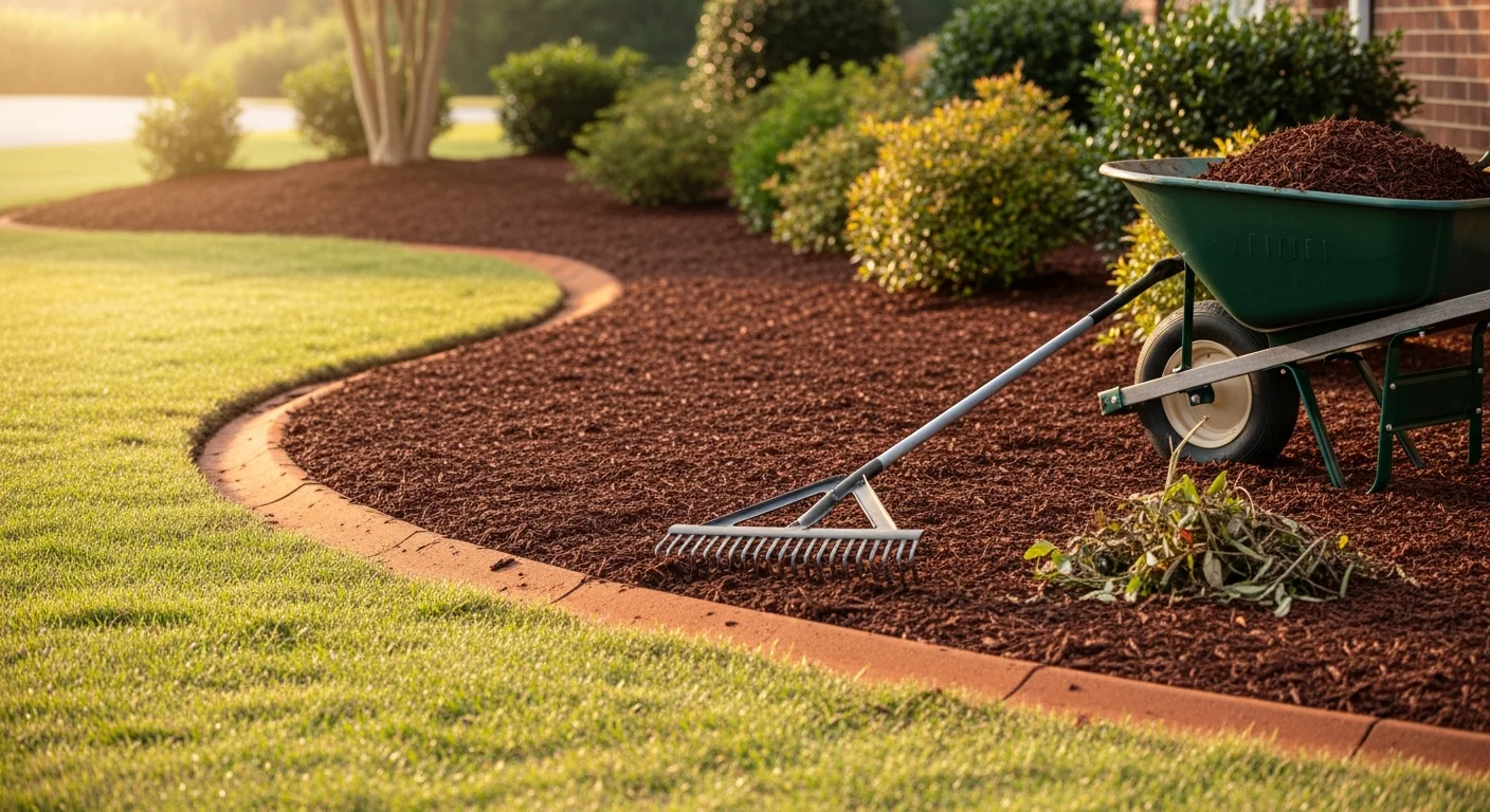 Freshly installed dark mulch covering a residential planting bed in Fuquay-Varina, NC, with clean re-edged borders separating the bed from the lawn. A mix of shrubs and perennials sit neatly mulched around their bases in a front yard landscape.