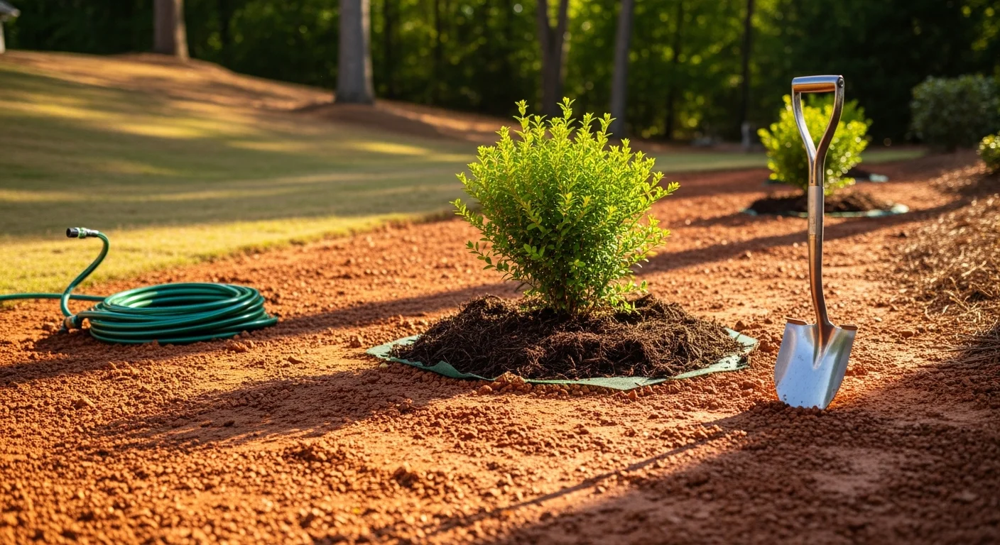 Freshly installed shrubs and ornamental plants in a mulched front yard bed at a residential property in Fuquay-Varina, NC. Planting beds show defined edges, amended soil, and properly spaced plants on a gently sloped lot.