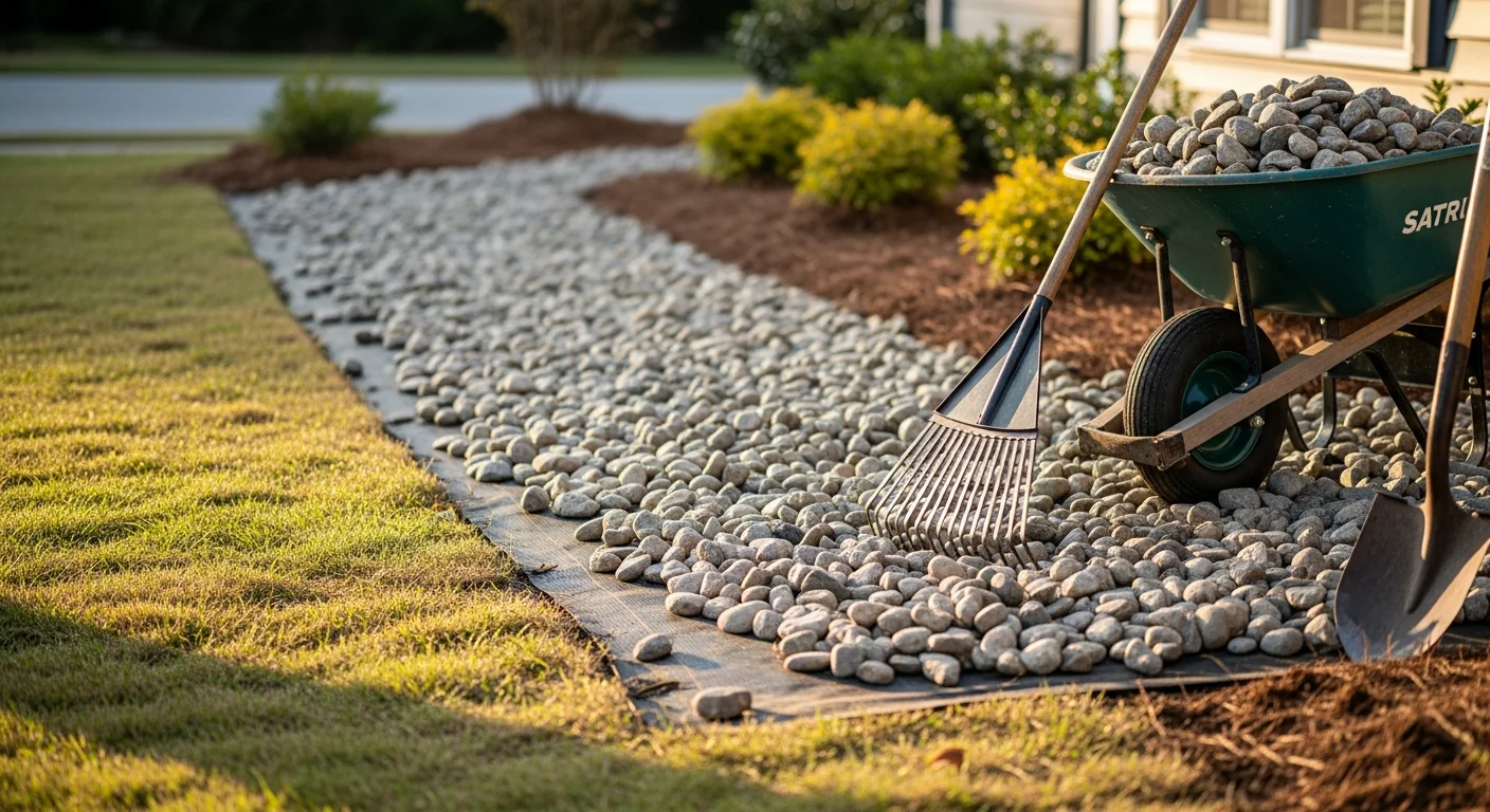 Decorative rock bed installed along a residential foundation border in Fuquay-Varina, NC, with clean edging and a weed barrier visible at the border edge. A dry creek bed with rounded river rock runs along a sloped backyard, channeling water away from a clay-soil planting area.