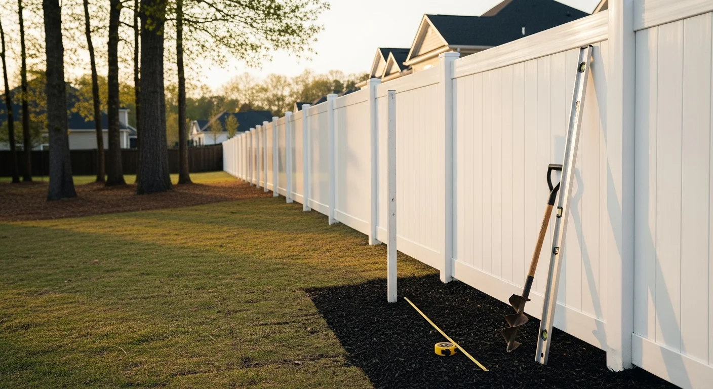 Newly installed white vinyl privacy fence enclosing a residential backyard in Fuquay-Varina, NC. Six-foot panels run along a property line with clean post spacing and a level top rail.