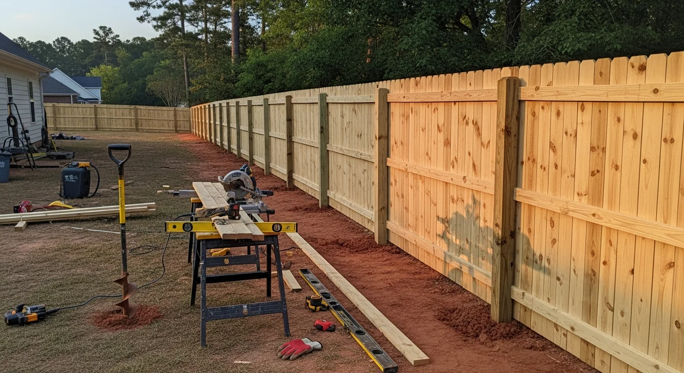 A newly installed wood privacy fence along the rear yard of a residential property in Fuquay-Varina, NC. Board-on-board panels run the full length of the yard with evenly spaced posts set into the ground.